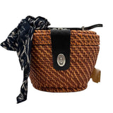 PATRICIA NASH Brown Bronze Woven CASELLE Wicker Basket Satchel Purse w/Twilly Scarf Accent