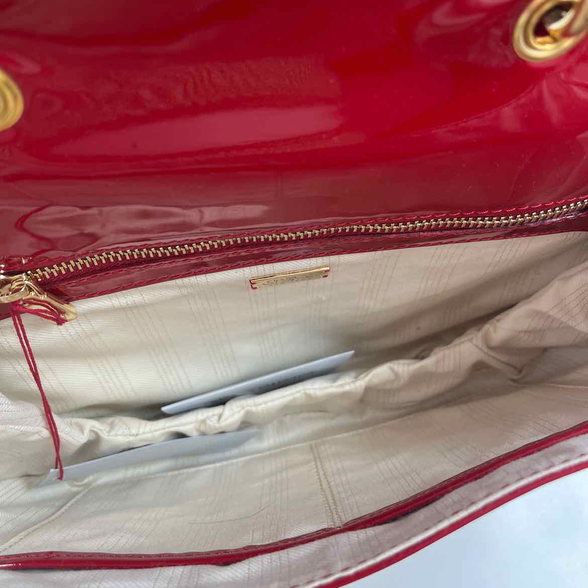 Interior FRANCES VALENTINE Red Patent Leather Flap Front Handled Purse w/Crossbody