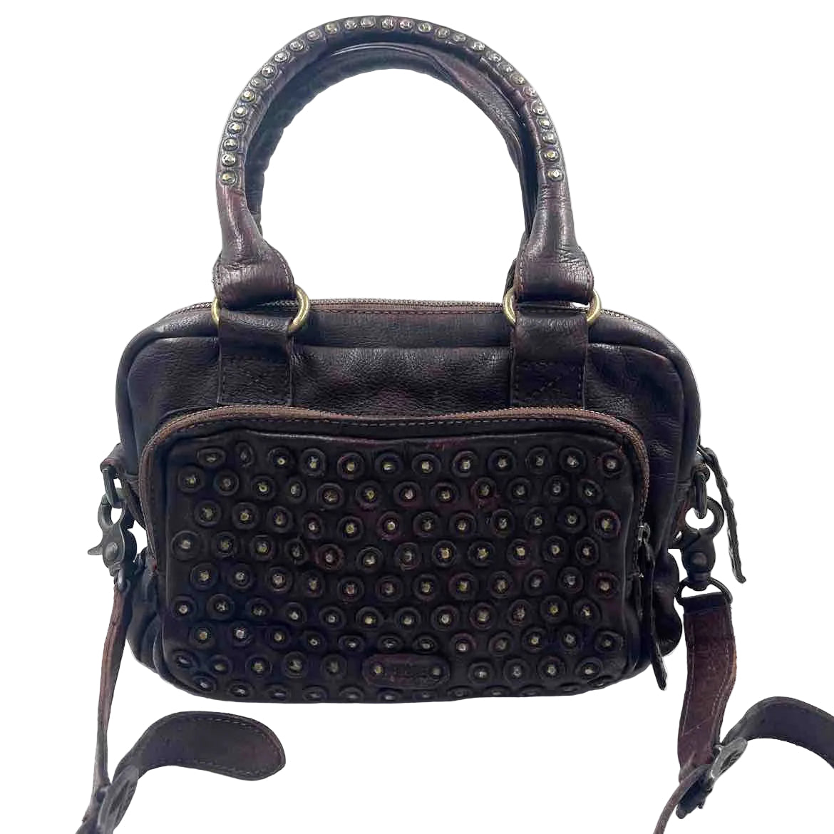 THE FRYE CO. Brown Studded Leather Satchel w/Crossbody Strap