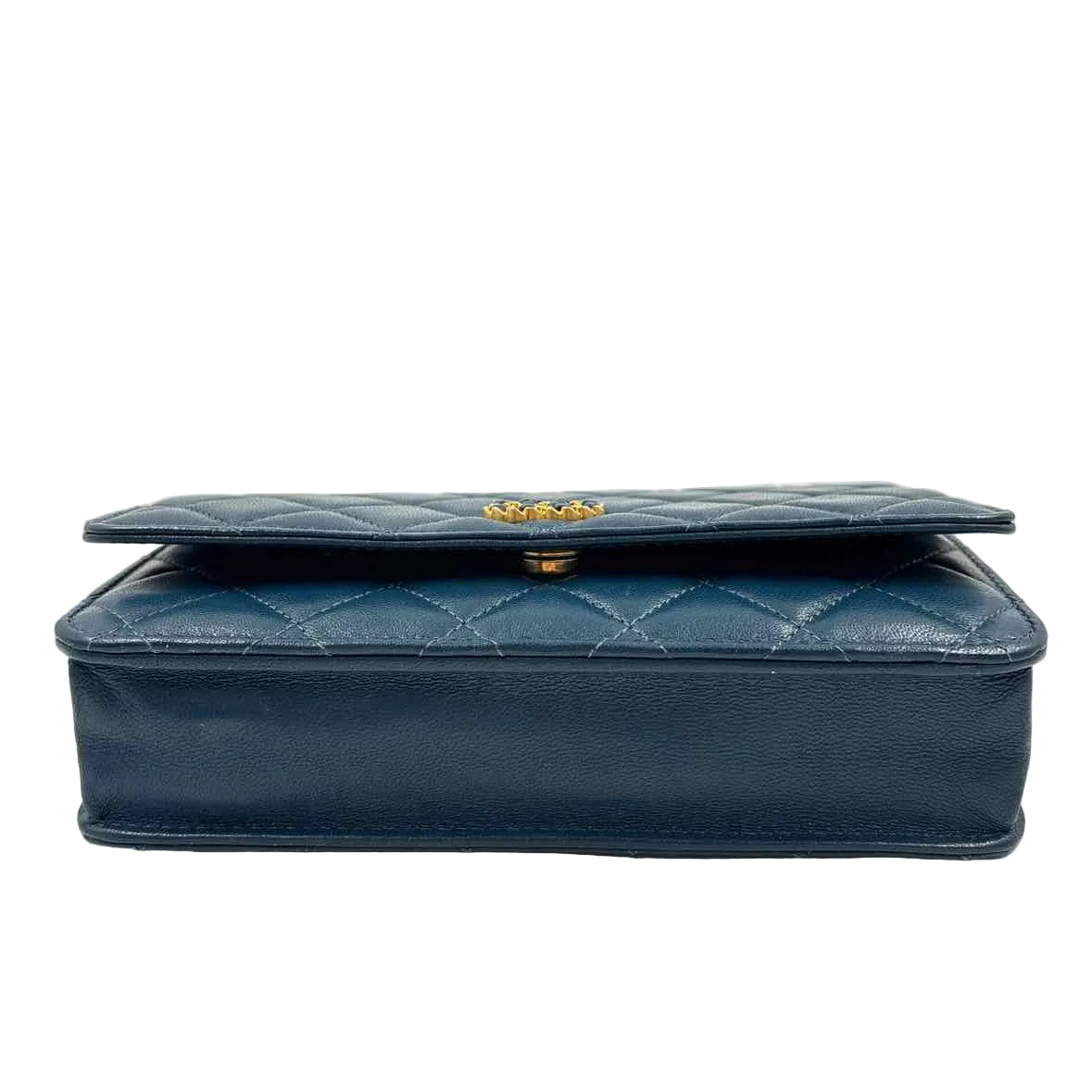 Bottom CHANEL Navy Blue Quilted Lambskin Leather INFINITY Wallet on Chain & Leather Strap Made in Italy