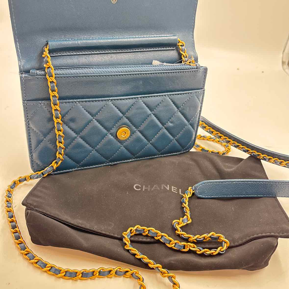CHANEL Navy Blue Quilted Lambskin Leather INFINITY Wallet on Chain & Leather Strap Made in Italy