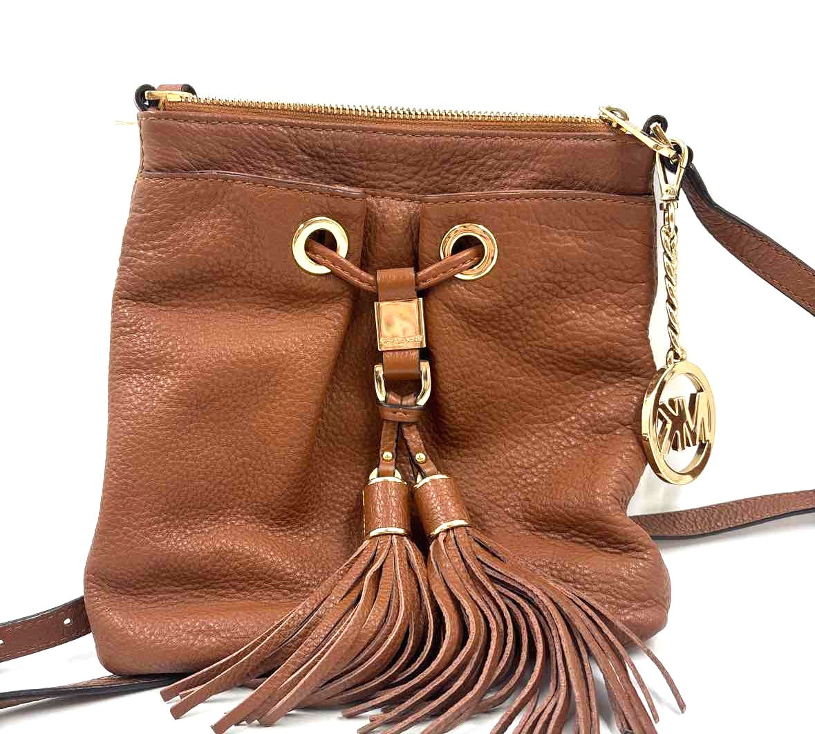 MICHAEL KORS Caramel Pebbled Leather CAMDEN DRAWSTRING Crossbody Purse w/Tassel Accents