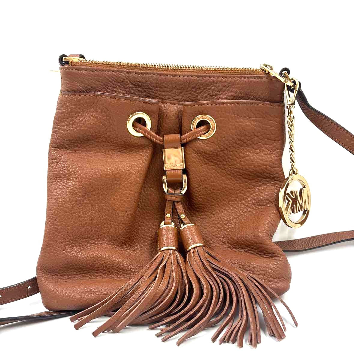 MICHAEL KORS Caramel Pebbled Leather CAMDEN DRAWSTRING Crossbody Purse w/Tassel Accents