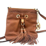 MICHAEL KORS Caramel Pebbled Leather CAMDEN DRAWSTRING Crossbody Purse w/Tassel Accents
