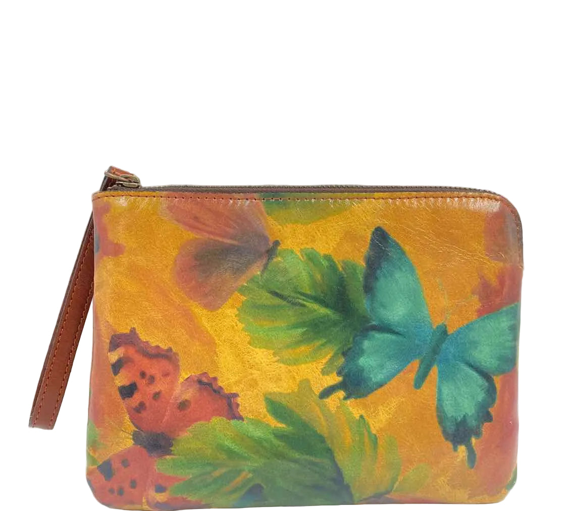 PATRICIA NASH Yellow & Multi BUTTERFLY Printed Leather Pouch Purse w/Wristlet