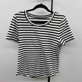 Chico's Women's Size M Black Stripe Short Sleeve Shirt