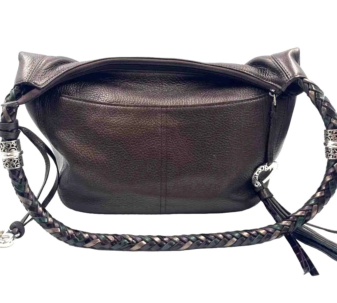 BRIGHTON Brown Pebble Leather Purse w/Braided Leather Shoulder Handle